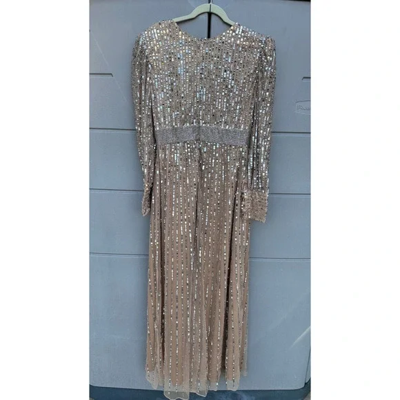 NEW Mac Duggal Vanilla Silver Wrap Bodice Long Bishop Sleeve Gown Size 10 $598
